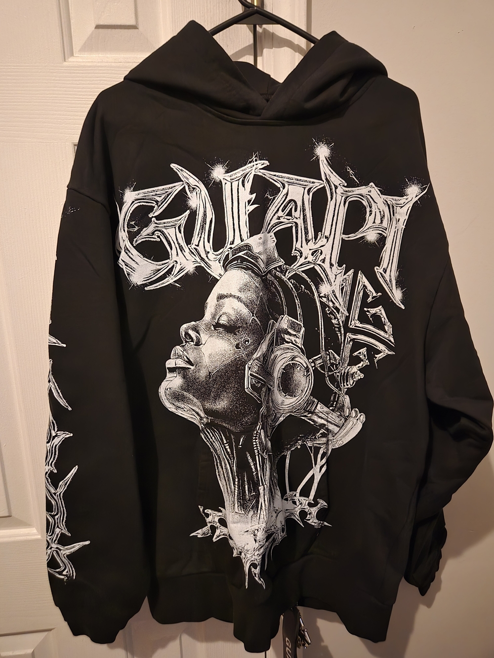 Black Graphic Hoodie with White Headphone Portrait High End Streetwear